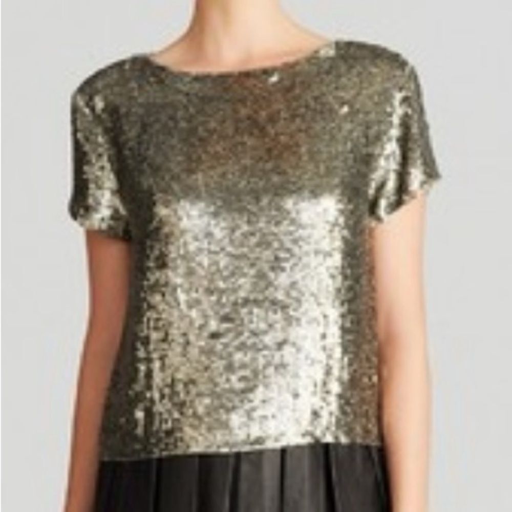 Alice + Olivia Sequin Top Silver Sarita Short Sleeve Blouse Silver Zip Back S